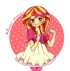 Size: 972x984 | Tagged: safe, artist:lotte, sunset shimmer, human, equestria girls, g4, abstract background, blushing, bow, clothes, cute, dress, female, hair bow, humanized, shimmerbetes, solo, stockings, thigh highs