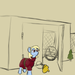 Size: 768x768 | Tagged: safe, artist:thebathwaterhero, oc, oc only, oc:sunny days, earth pony, pony, series:entrapment, cage, cart, child, clothes, cyoa, feed bag, female, filly, foal, gladiator, helmet, shed, slave, story included, tree, wheel