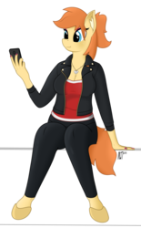 Size: 2481x4000 | Tagged: safe, artist:mrlolcats17, oc, oc only, oc:home sweet, anthro, unguligrade anthro, anthro oc, breasts, cleavage, clothes, female, freckles, high res, jacket, leggings, nail polish, necklace, phone, simple background, solo, transparent background, vector