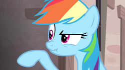 Size: 1360x768 | Tagged: safe, screencap, rainbow dash, g4, the cutie map, female, raised eyebrow, raised hoof, scrunchy face, solo