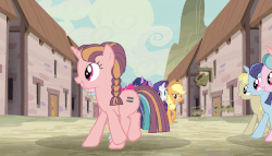 Size: 1259x720 | Tagged: safe, edit, screencap, applejack, bacon braids, blueberry frosting, flower flight, fluttershy, offbeat, pinkie pie, rainbow dash, rarity, twilight sparkle, alicorn, earth pony, pegasus, pony, unicorn, g4, the cutie map, animated, building, cloak, clothes, cutie mark, egalitarianism, equal cutie mark, equalist, equalized, faic, female, house, houses, in our town, mane six, marching, mare, mountain, multeity, our town, perfect loop, pinkie pie is not amused, singing, sky, starlight's village, street, town, twilight sparkle (alicorn), unamused