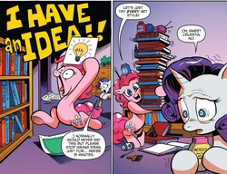 Size: 1229x943 | Tagged: safe, artist:andy price, idw, official comic, pinkie pie, rarity, earth pony, pony, unicorn, g4, spoiler:comic, spoiler:comic42, antacids, armpits, comic, duo, female, mare, speech bubble