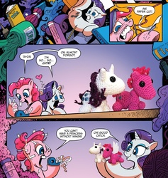 Size: 1205x1269 | Tagged: safe, artist:andy price, idw, official comic, pinkie pie, rarity, earth pony, pony, unicorn, friendship is magic #42, g4, spoiler:comic, comic, duo, female, irl, mare, mixed media, photo, plushie, speech bubble