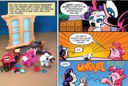 Size: 1233x831 | Tagged: safe, artist:andy price, idw, official comic, pinkie pie, rarity, earth pony, pony, unicorn, g4, spoiler:comic, spoiler:comic42, comic, duo, female, irl, mare, photo, plushie, speech bubble