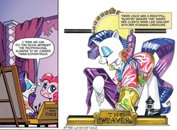 Size: 1203x885 | Tagged: safe, artist:andy price, idw, official comic, pinkie pie, rarity, earth pony, pony, unicorn, g4, spoiler:comic, spoiler:comic42, clothes, comic, eyes closed, female, mare, speech bubble