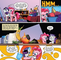 Size: 1225x1202 | Tagged: safe, artist:andy price, idw, official comic, pinkie pie, rarity, earth pony, pony, unicorn, g4, spoiler:comic, spoiler:comic42, apple, banana, comic, duo, female, food, fruit, googly eyes, grapes, irl, magic, mare, photo, speech bubble, telekinesis