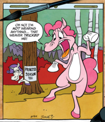 Size: 622x724 | Tagged: safe, artist:andy price, idw, official comic, pinkie pie, rarity, earth pony, pony, unicorn, semi-anthro, g4, spoiler:comic, spoiler:comic42, arm hooves, bugs bunny, chuck jones, colored hooves, crossover, daffy duck, duck season rabbit season, duo, female, looney tunes, male, mare, speech bubble, style emulation