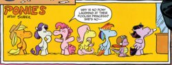 Size: 1101x419 | Tagged: safe, artist:andy price, idw, official comic, applejack, fluttershy, pinkie pie, rainbow dash, rarity, spike, twilight sparkle, alicorn, dragon, earth pony, pegasus, pony, unicorn, friendship is magic #42, g4, spoiler:comic, andy you magnificent bastard, applejack's hat, aviator goggles, aviator hat, bipedal, charles m schulz, clothes, cowboy hat, female, goggles, hat, mane seven, mane six, mare, peanuts, scarf, speech bubble, style emulation, twilight sparkle (alicorn), ww1 flying ace