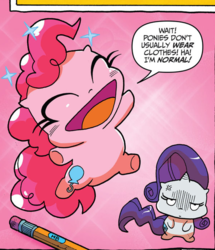Size: 597x695 | Tagged: safe, artist:andypriceart, idw, official comic, pinkie pie, rarity, earth pony, pony, unicorn, g4, spoiler:comic, spoiler:comic42, anime, chibi, cute, diapinkes, duo, female, mare, pink background, simple background, speech bubble, style emulation, we don't normally wear clothes
