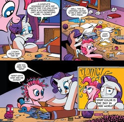 Size: 1237x1219 | Tagged: safe, artist:andy price, idw, official comic, pinkie pie, rarity, earth pony, pony, unicorn, g4, spoiler:comic, spoiler:comic42, comic, duo, female, fourth wall, mare, speech bubble