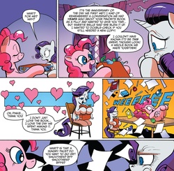 Size: 1231x1207 | Tagged: safe, artist:andy price, idw, official comic, pinkie pie, rarity, earth pony, pony, unicorn, g4, spoiler:comic, spoiler:comic42, book, butt, comic, crying, female, mare, paper, pinkie being pinkie, plot, shipping fuel, sitting, speech bubble, tears of joy