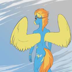 Size: 1280x1280 | Tagged: safe, artist:arareroll, spitfire, anthro, g4, back, female, goggles, looking at you, looking back, solo, wonderbolts uniform
