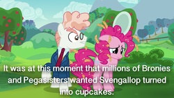 Size: 1279x719 | Tagged: safe, edit, edited screencap, screencap, pinkie pie, svengallop, g4, the mane attraction, caption, glare, gritted teeth, image macro, implied cupcakes, meme