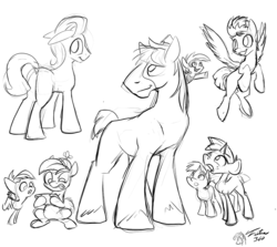 Size: 900x801 | Tagged: safe, artist:tsitra360, button mash, caramel, featherweight, flash sentry, pipsqueak, snails, snips, trouble shoes, earth pony, pony, g4, colt, foal, hat, male, monochrome, propeller hat, sketch, stallion