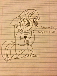 Size: 1024x1365 | Tagged: safe, artist:nesteabrony, twilight sparkle, g4, alphys, clothes, cosplay, costume, female, lined paper, monochrome, solo, traditional art, twialphys, undertale