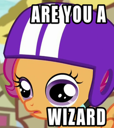 Size: 600x673 | Tagged: safe, edit, edited screencap, screencap, scootaloo, pegasus, pony, g4, my little pony: friendship is magic, newbie dash, are you a wizard, derp, faic, female, filly, helmet, image macro, meme, solo