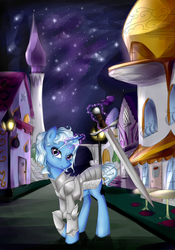 Size: 1600x2282 | Tagged: dead source, safe, artist:yuntaoxd, trixie, pony, unicorn, g4, armor, canterlot, commission, fantasy class, female, knight, levitation, looking at you, magic, mare, night, raised hoof, smiling, solo, stars, sword, telekinesis, warrior, weapon
