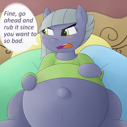 Size: 2000x2000 | Tagged: safe, artist:funble, limestone pie, earth pony, pony, g4, belly, belly button, big belly, blushing, clothes, dialogue, female, high res, limetsun pie, mare, outie belly button, pregnant, pregnant limestone, shirt, solo, tsundere