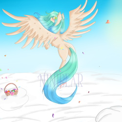 Size: 2449x2449 | Tagged: safe, artist:niniibear, oc, oc only, oc:morning weather, pegasus, pony, cute, ear fluff, eyes closed, flying, high res, solo, watermark