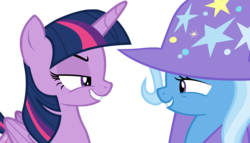 Size: 7000x4000 | Tagged: safe, artist:alloutlol, trixie, twilight sparkle, alicorn, pony, g4, no second prances, absurd resolution, bedroom eyes, female, grin, mare, simple background, transparent background, twilight sparkle (alicorn), vector