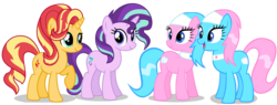 Size: 5250x2000 | Tagged: safe, artist:ggalleonalliance, artist:osipush, artist:pdpie, aloe, lotus blossom, starlight glimmer, sunset shimmer, earth pony, pony, unicorn, g4, alternate hairstyle, counterparts, high res, mane swap, spa twins, twilight's counterparts