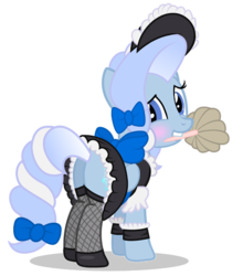 Size: 437x497 | Tagged: safe, artist:discordedtwilight89, oc, oc only, oc:flakey hailstone, pegasus, pony, blushing, butt, clothes, duster, maid, mouth hold, plot, solo