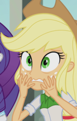 Size: 459x720 | Tagged: safe, screencap, applejack, rarity, equestria girls, g4, clothes, cropped, female, hat, offscreen character, palindrome get, scared, solo focus