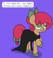 Size: 227x251 | Tagged: safe, artist:lockheart, oc, oc only, oc:cherry sweetheart, earth pony, pony, bow, clothes, date, dialogue, dress, hair bow, implied oc:fancy fletch, implied shipping, solo, tail bow, text