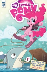 Size: 1054x1600 | Tagged: safe, artist:katiecandraw, idw, pinkie pie, shark, g4, spoiler:comic, spoiler:comic42, cover, happy days, jumping the shark, the fonz, water skiing