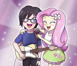 Size: 1024x886 | Tagged: safe, artist:sumin6301, fluttershy, oc, oc:sumin, equestria girls, g4, clothes, cute, duo, equestria girls-ified, eyes closed, glasses, guitar, microphone, one eye closed, open mouth, shyabetes, singing, skirt, tank top, watch