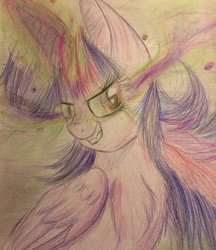 Size: 670x776 | Tagged: safe, artist:snowfoxythefox, king sombra, twilight sparkle, alicorn, pony, g4, season 3, colored, colored pencil drawing, colored sketch, corrupted, corrupted twilight sparkle, crystal empire, dark magic, female, fluffy, magic, mare, solo, sombra eyes, traditional art, twilight sparkle (alicorn)