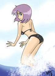 Size: 1024x1420 | Tagged: safe, artist:koku-chan, maud pie, human, g4, ass, beach, bikini, butt, clothes, female, humanized, looking at you, looking back, sexy, signature, solo, swimsuit, water, wrong eye color