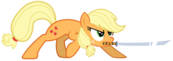Size: 7996x2818 | Tagged: safe, artist:justisanimation, artist:mysteryben, applejack, rhythm is magic, g4, absurd resolution, female, katana, mouth hold, simple background, solo, sword, transparent background, vector, weapon