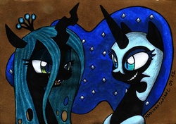 Size: 1741x1228 | Tagged: safe, artist:madinkaclairec, nightmare moon, queen chrysalis, alicorn, changeling, changeling queen, pony, g4, female, traditional art