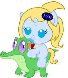 Size: 886x1017 | Tagged: safe, artist:red4567, gummy, oc, pony, g4, baby, baby pony, cute, know your meme, kym-tan, pacifier, ponies riding gators, riding, weapons-grade cute