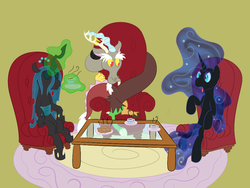 Size: 1000x750 | Tagged: safe, artist:chomplete, discord, nightmare moon, queen chrysalis, g4, cookie, food, table, tea