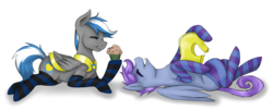 Size: 1939x780 | Tagged: dead source, safe, artist:apple-crumbler, oc, oc only, oc:cloud zapper, oc:windy dripper, pegasus, pony, clothes, duo, eating, food, lying down, male, muffin, on back, royal guard, simple background, socks, stallion, striped socks, transparent background