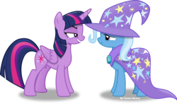 Size: 5111x3015 | Tagged: safe, artist:vector-brony, trixie, twilight sparkle, alicorn, pony, g4, no second prances, eye contact, female, glare, grin, high res, inkscape, mare, simple background, smiling, transparent background, trixie's cape, trixie's hat, twilight sparkle (alicorn), vector