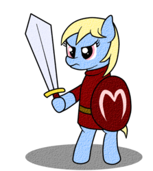 Size: 500x560 | Tagged: safe, artist:680p, oc, oc only, oc:sunny days, earth pony, pony, series:entrapment, bipedal, child, clothes, color, cyoa, female, filly, foal, gladiator, glare, shield, slave, solo, standing, sword, weapon
