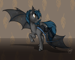 Size: 1280x1024 | Tagged: safe, artist:casynuf, oc, oc only, oc:speck, bat pony, pony, abstract background, bat pony oc, bat wings, clothes, ear fluff, fangs, female, looking back, mare, raised hoof, raised leg, see-through, signature, solo, spread wings, wings