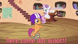 Size: 1024x576 | Tagged: safe, edit, screencap, scootaloo, sweetie belle, g4, twilight time, dat boi, unicycle