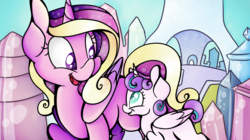 Size: 6935x3880 | Tagged: safe, artist:cutepencilcase, princess cadance, princess flurry heart, g4, absurd resolution, crystal castle, mother and daughter