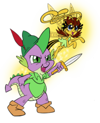 Size: 2551x3118 | Tagged: safe, artist:edcom02, artist:jmkplover, spike, breezie, dragon, g4, breeziefied, clothes, cosplay, costume, crossover, dagger, disney, dress, duo, high res, janet van dyne, marvel, peter pan, ponified, simple background, species swap, sword, tinkerbell, transparent background, wasp (marvel), weapon