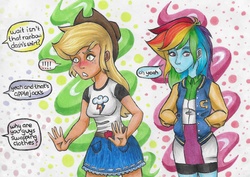 Size: 2480x1753 | Tagged: safe, artist:mamakanaynay, applejack, rainbow dash, equestria girls, g4, blushing, caught, clothes, clothes swap, female, implied appledash, lesbian, offscreen character, ship:appledash, shipping, skirt, traditional art, varsity jacket