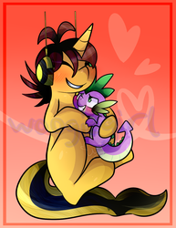 Size: 1045x1357 | Tagged: safe, artist:woogiegirl, spike, pony, unicorn, wasp, g4, avengers, avengers: earth's mightiest heroes, blushing, commission, crossover, crossover shipping, cute, hug, janet van dyne, marvel, ponified, ship:spikewasp, spikabetes, spikelove, watermark