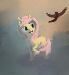 Size: 1056x1142 | Tagged: safe, artist:mobiusa, fluttershy, bird, pony, g4, abstract background, female, looking at something, looking up, missing cutie mark, open mouth, raised hoof, smiling, solo, turned head, windswept hair, windswept mane, wingless