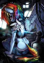 Size: 1768x2500 | Tagged: safe, artist:fidzfox, rainbow dash, cyborg, anthro, g4, the cutie re-mark, alternate timeline, amputee, apocalypse dash, augmented, crystal war timeline, female, laser, prosthetic limb, prosthetic wing, prosthetics, solo, torn ear, waist tail