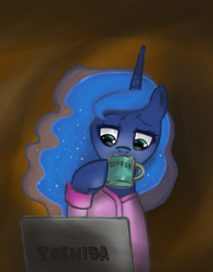 Size: 936x1192 | Tagged: safe, artist:katakiri, princess luna, g4, clothes, coffee, computer, female, hoof hold, robe, solo, toshiba