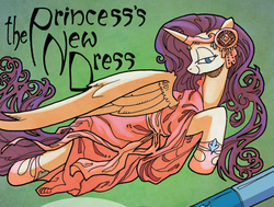 Size: 1304x988 | Tagged: safe, artist:andypriceart, idw, official comic, rarity, alicorn, pony, g4, spoiler:comic42, alicornified, clothes, comic panel, dress, female, headdress, horn, horn jewelry, jewelry, lidded eyes, mare, modern art, nouveau, princess rarity, prone, race swap, raricorn, regalia, smiling, solo, the emperor's new clothes