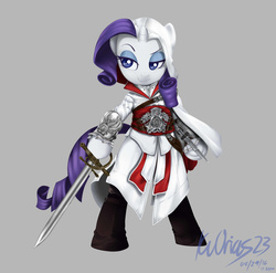 Size: 2550x2520 | Tagged: safe, artist:kvorias23, rarity, pony, g4, assassin's creed, bipedal, crossover, ezio auditore, female, high res, solo, sword, weapon